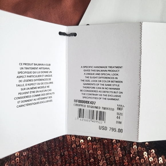 New Balmain Sequin Square Neckline Twisted Strap Brown Cropped Tank Top 12 US - Picture 15 of 17